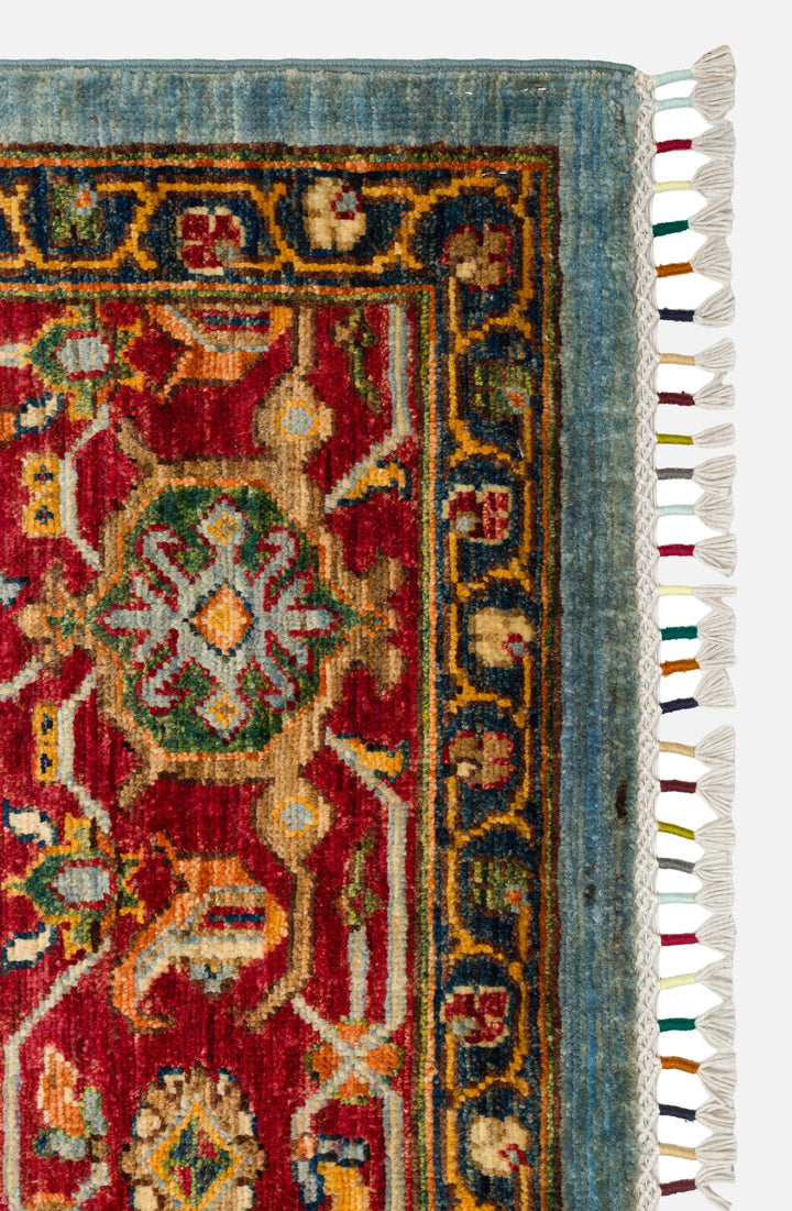 El dokuma Afgan halı açık mavi figürlü av bahçesi 242x304 cm kenar ve saçak detayı