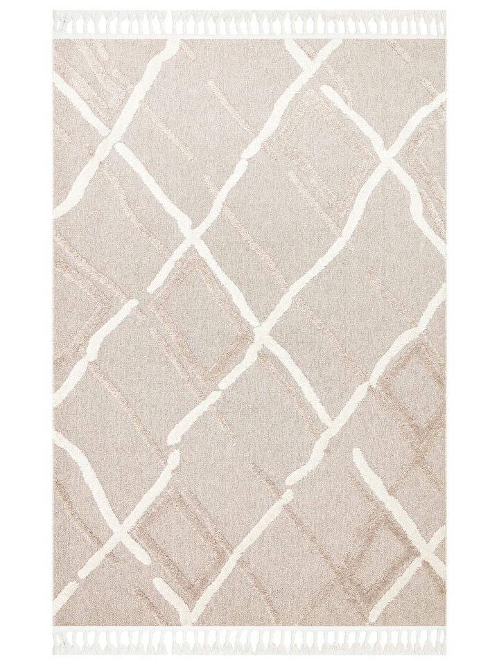 Tabasco Serisi Etnik Desenli Oturma Odası Salon Koridor Modern İskindinav Halı TAB 03 BEIGE WHITE - Carpetdocia