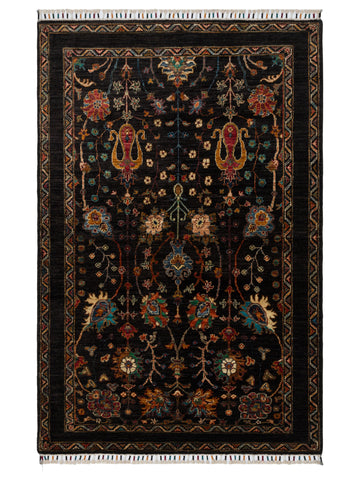 El dokuma Afgan halı siyah bitkisel desen 125x189 cm