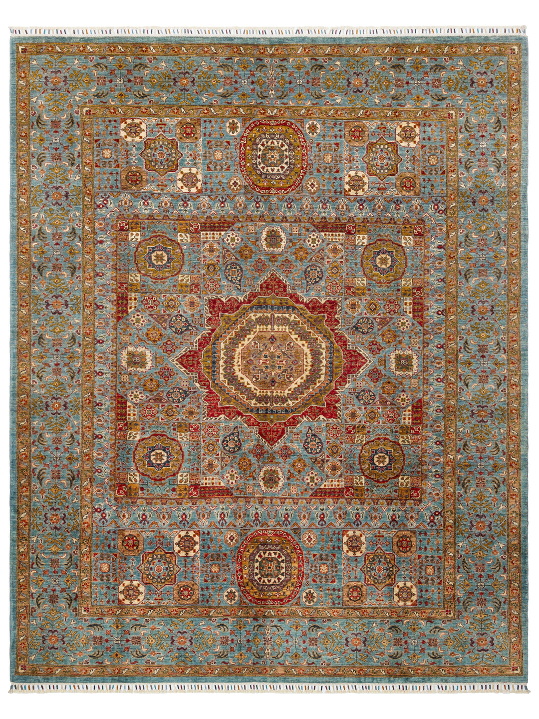 El dokuma Afgan halı açık petrol mavisi Memluk madalyon kuşbakışı 246x307 cm