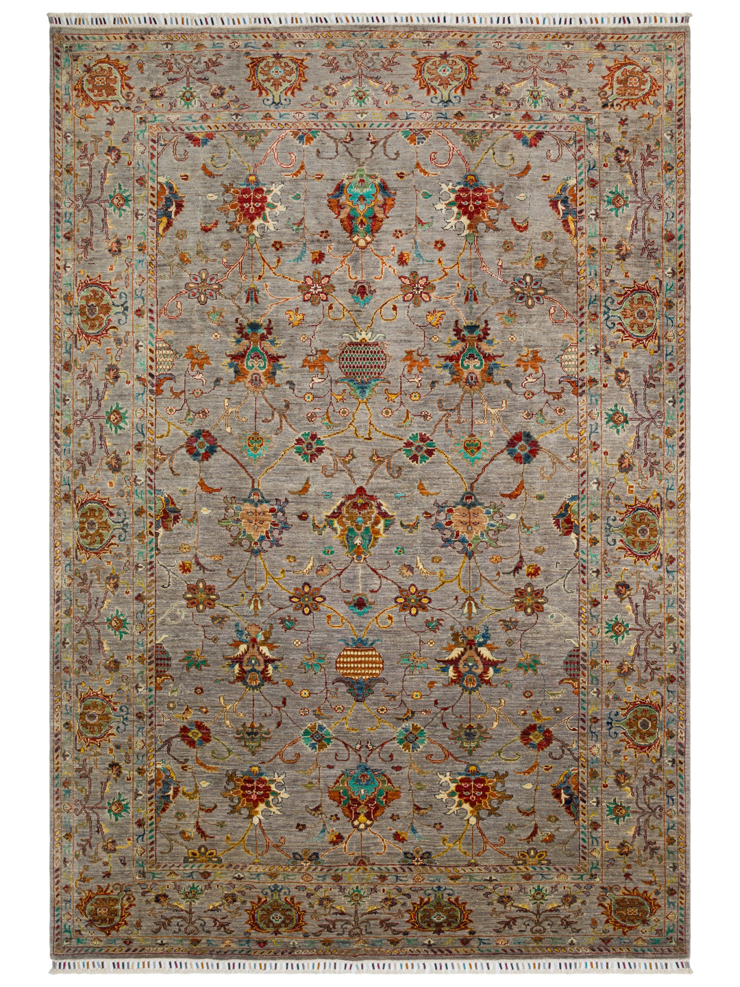 El dokuma Afgan halı açık gri Şah Abbas palmet rozet kuşbakışı 204x293 cm