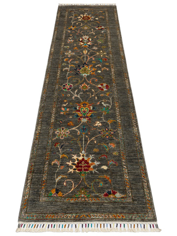 El dokuma Afgan halı antrasit bitkisel desen 82x263 cm