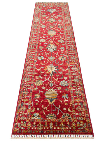 El dokuma Afgan halı kırmızı bitkisel desen 85x291 cm