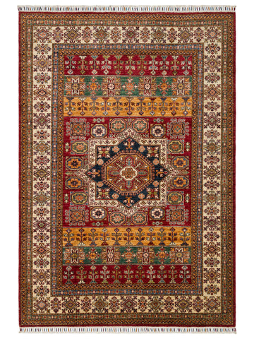 El dokuma Afgan Kazak halı kırmızı geometrik madalyon 171 x 244 cm kuşbakışı