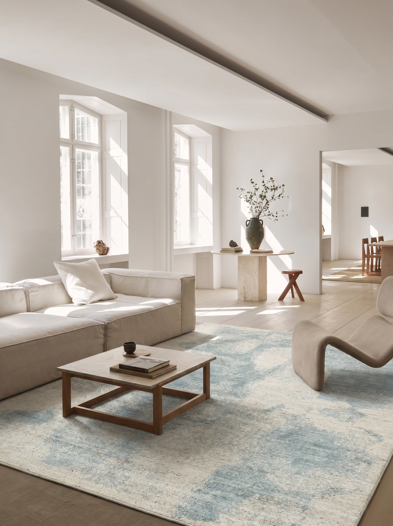 Palette Serisi %100 Naturel Yün Viskon Pamuk El Dokuma İskandinav Salon Oturma Odası Halı BEIGE BLUE