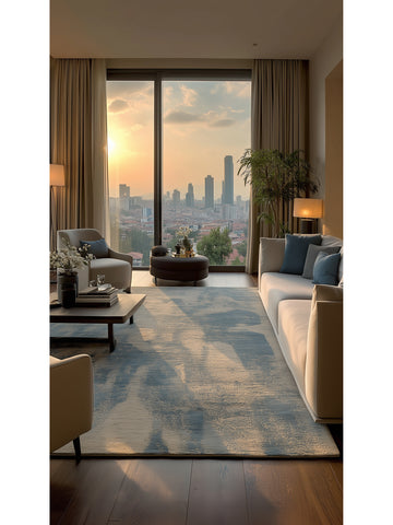 Palette Serisi %100 Naturel Yün Viskon Pamuk El Dokuma İskandinav Salon Oturma Odası Halı BEIGE BLUE - Carpetdocia