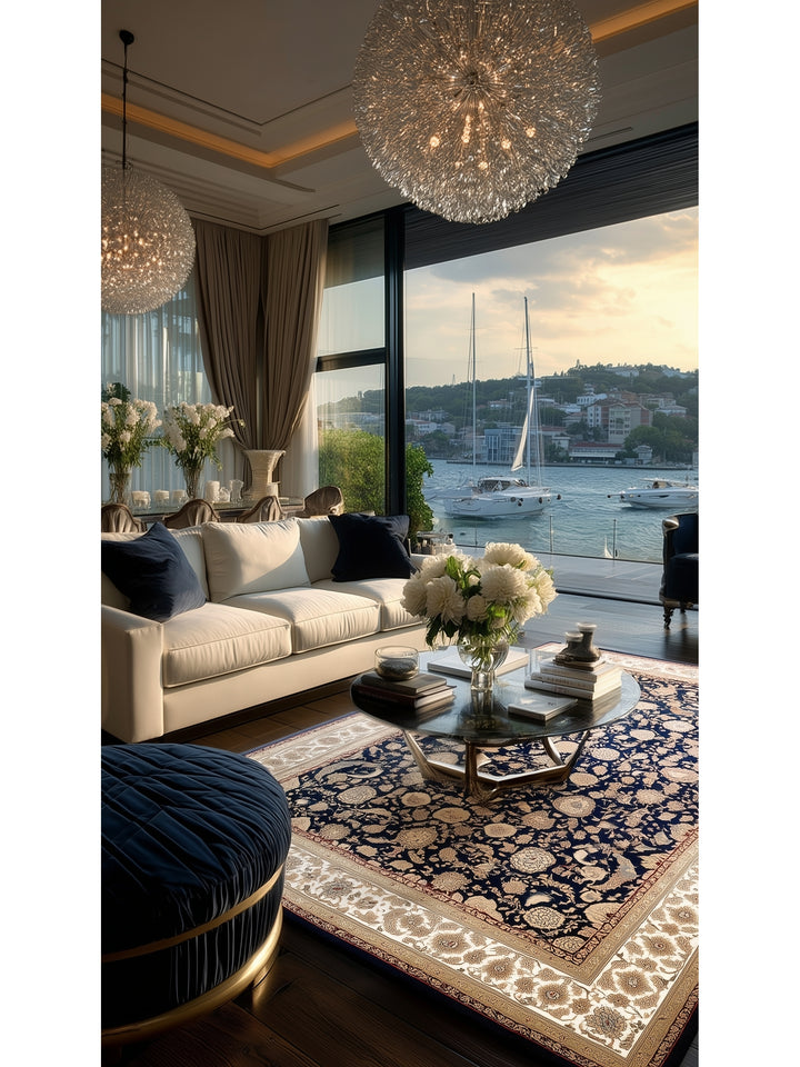 Topkapı Serisi Yüksek Kalite Sık Dokuma Klasik Desenli Özel Işıltılı Salon Halısı 03 NAVY CREAM