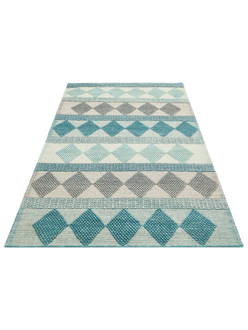 Woolstar %100 Naturel Kazak Desenli Salon Oturma Odası Koridor Antre El Dokuma Örgü Halı JD 01 BLUE - Carpetdocia